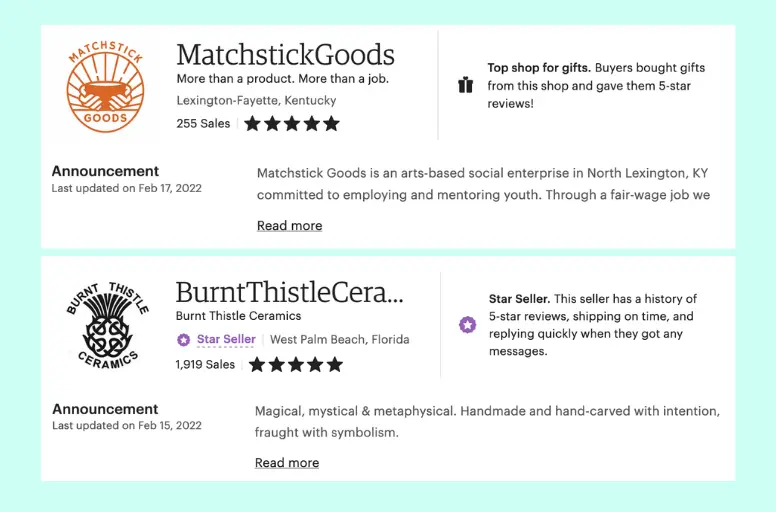 Etsy shop announcement section screenshot with text