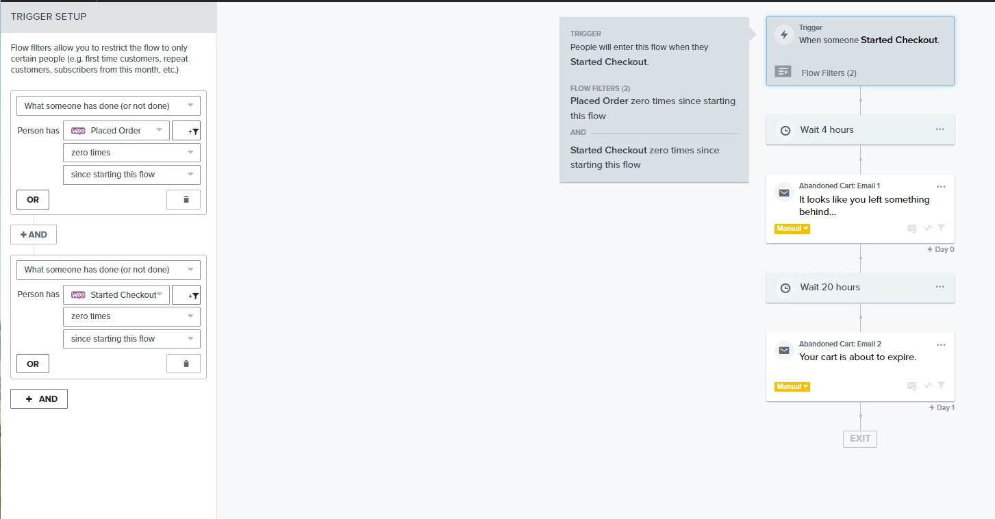 Klaviyo email flow builder abandoned cart sequence