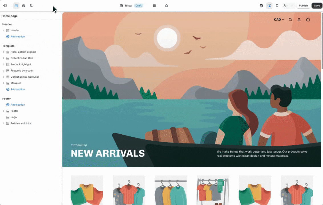 Shopify theme editor product page customization panel