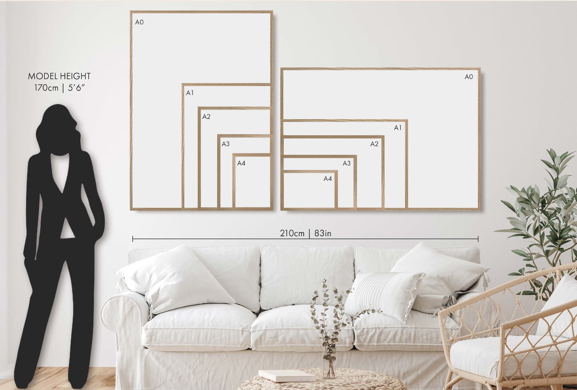 wall art gallery multiple frames sizes comparison on white wall