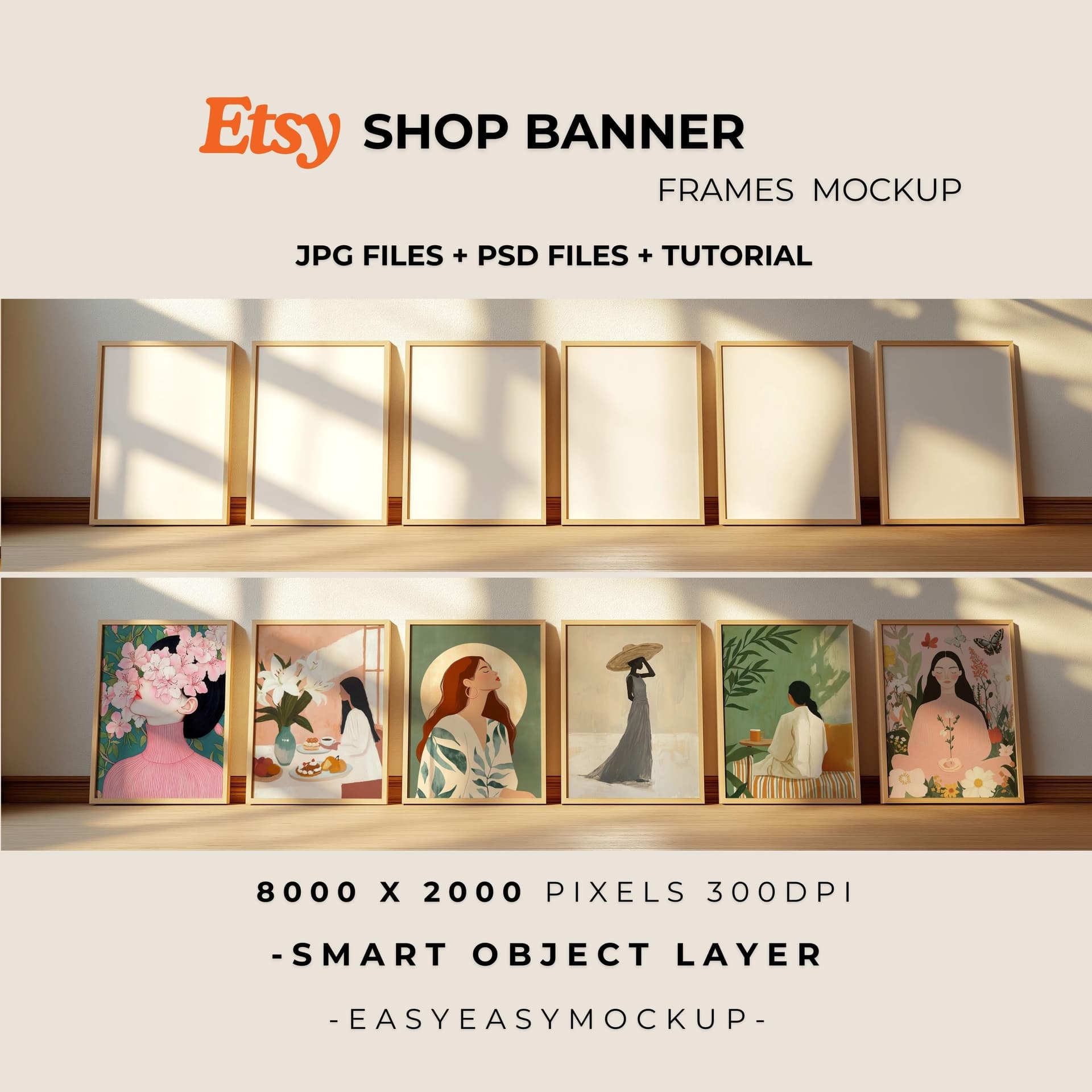 Etsy shop banner design with framed wall art mockup in living room