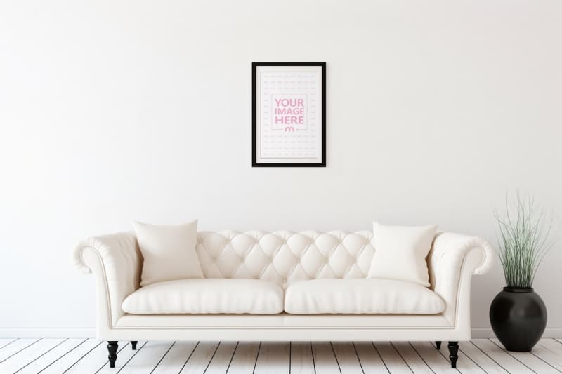 framed wall art print mockup above couch interior styling