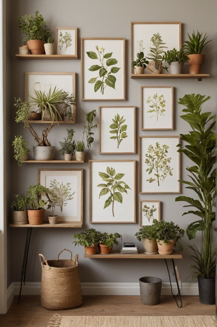 framed art print on textured plaster wall with plant shelf styling