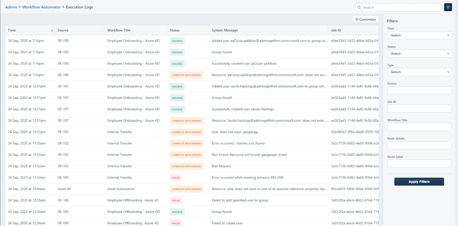 automation workflow execution log success error status