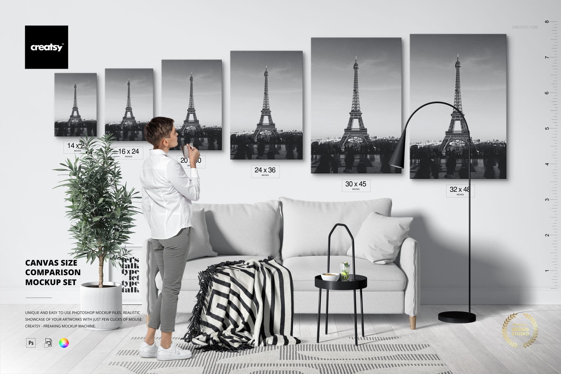 wall art print size comparison mockups on white wall
