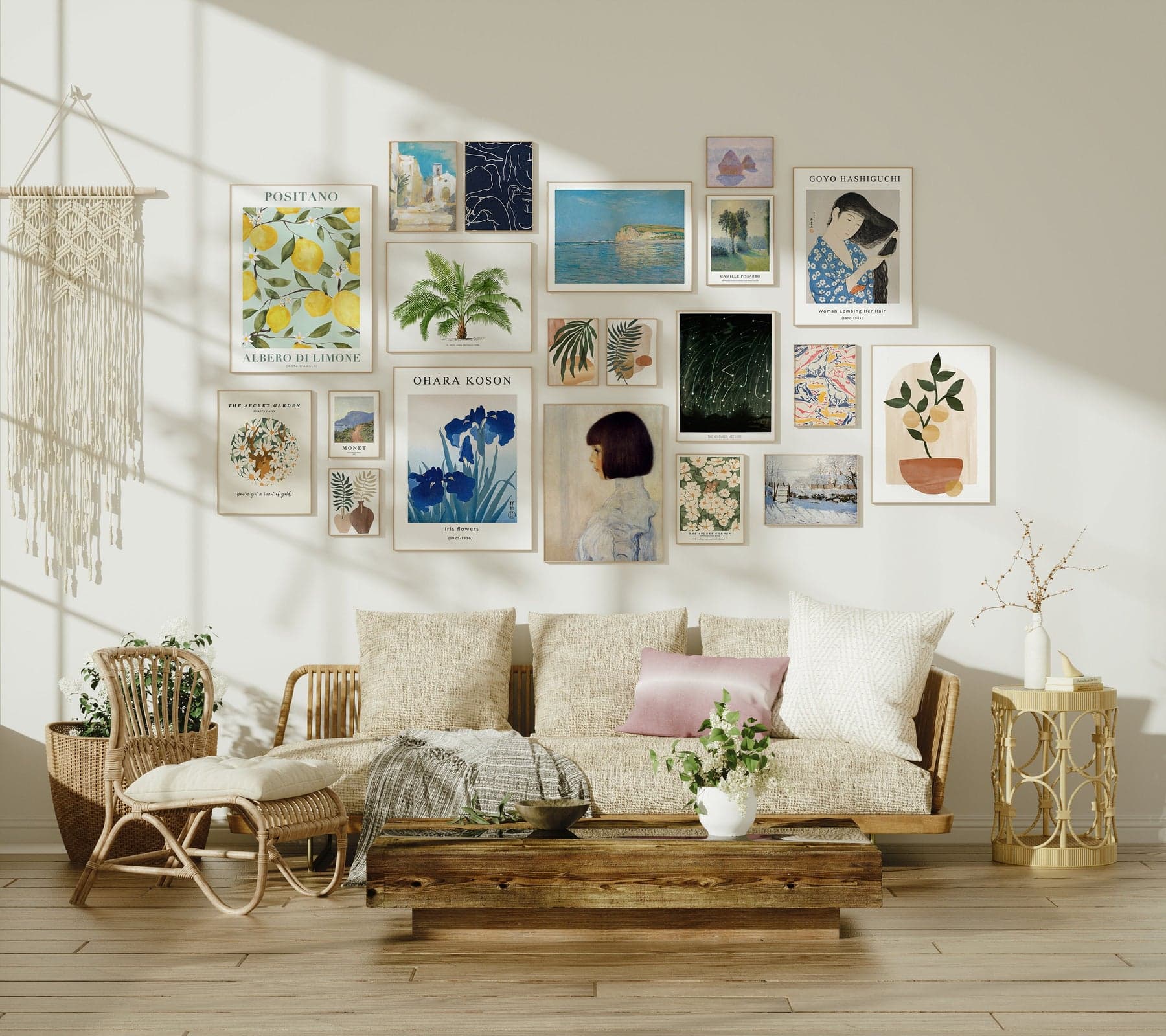 flat lay art print mockup frames on white wall styled room