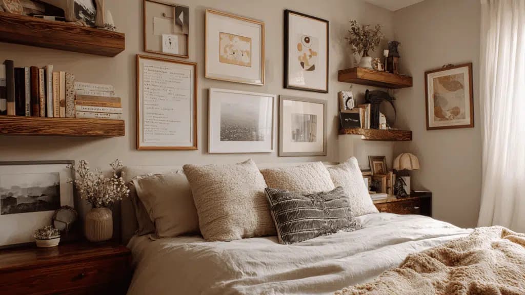 cozy bedroom wall art mockup warm tones styled shelf