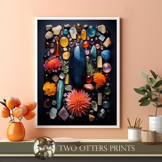 flat lay multiple framed art prints on white background