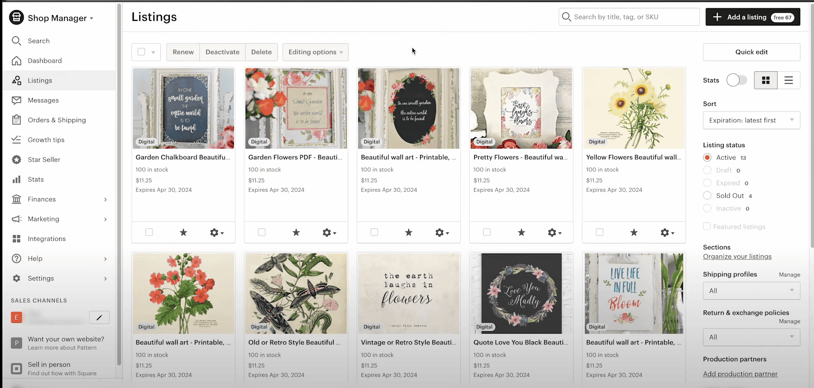 Etsy shop listings manager dashboard with multiple wall art products