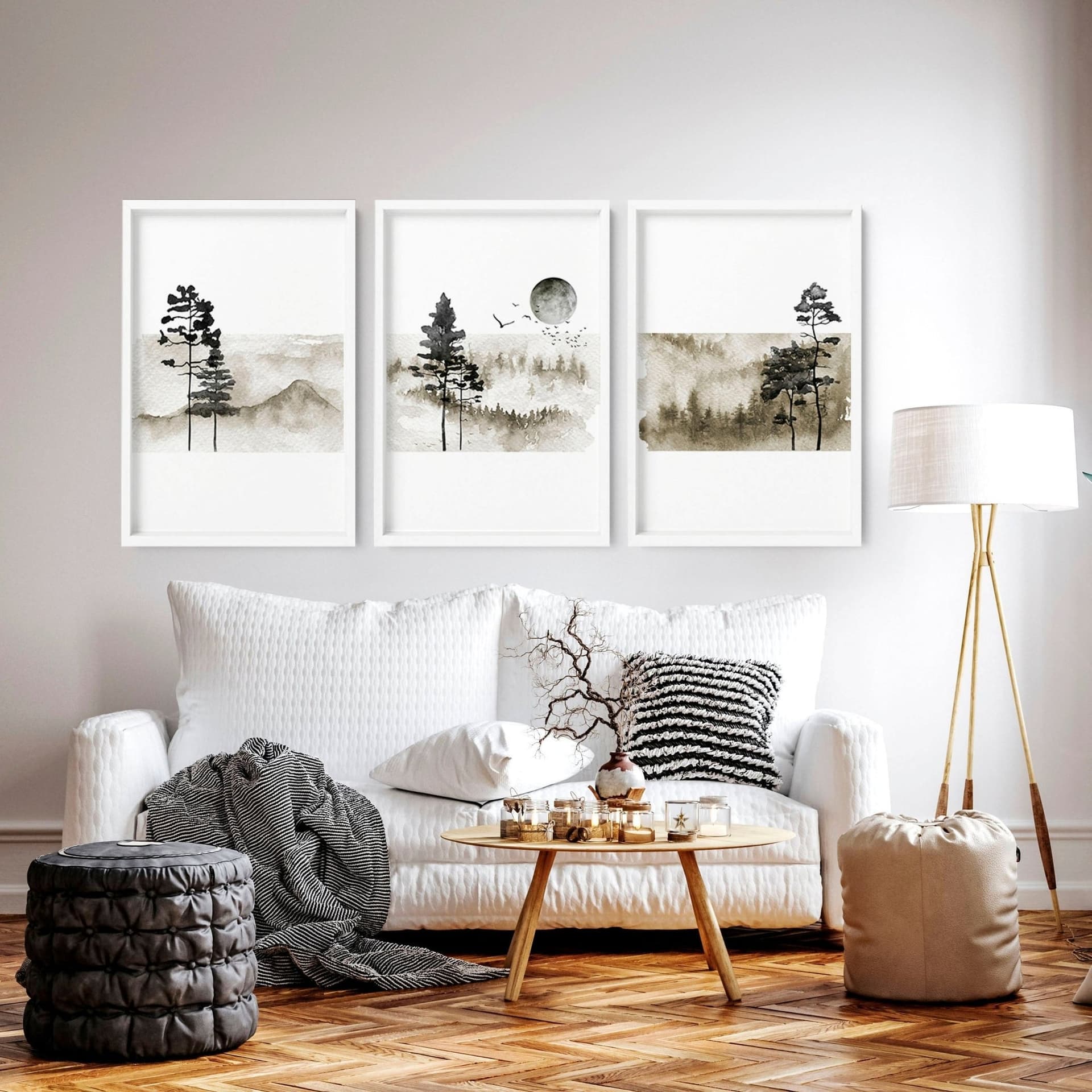 bright Scandinavian living room with framed wall art print