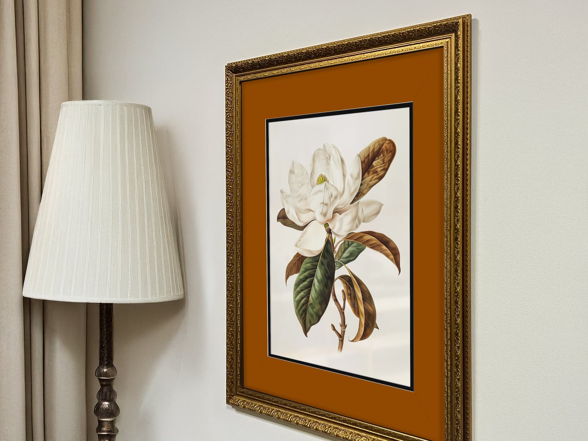 framed botanical print with white mat board close up detail