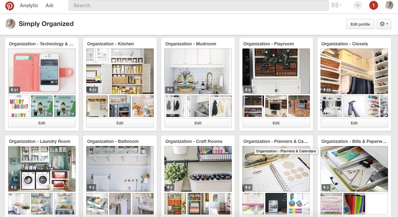 Pinterest business account boards organized by theme