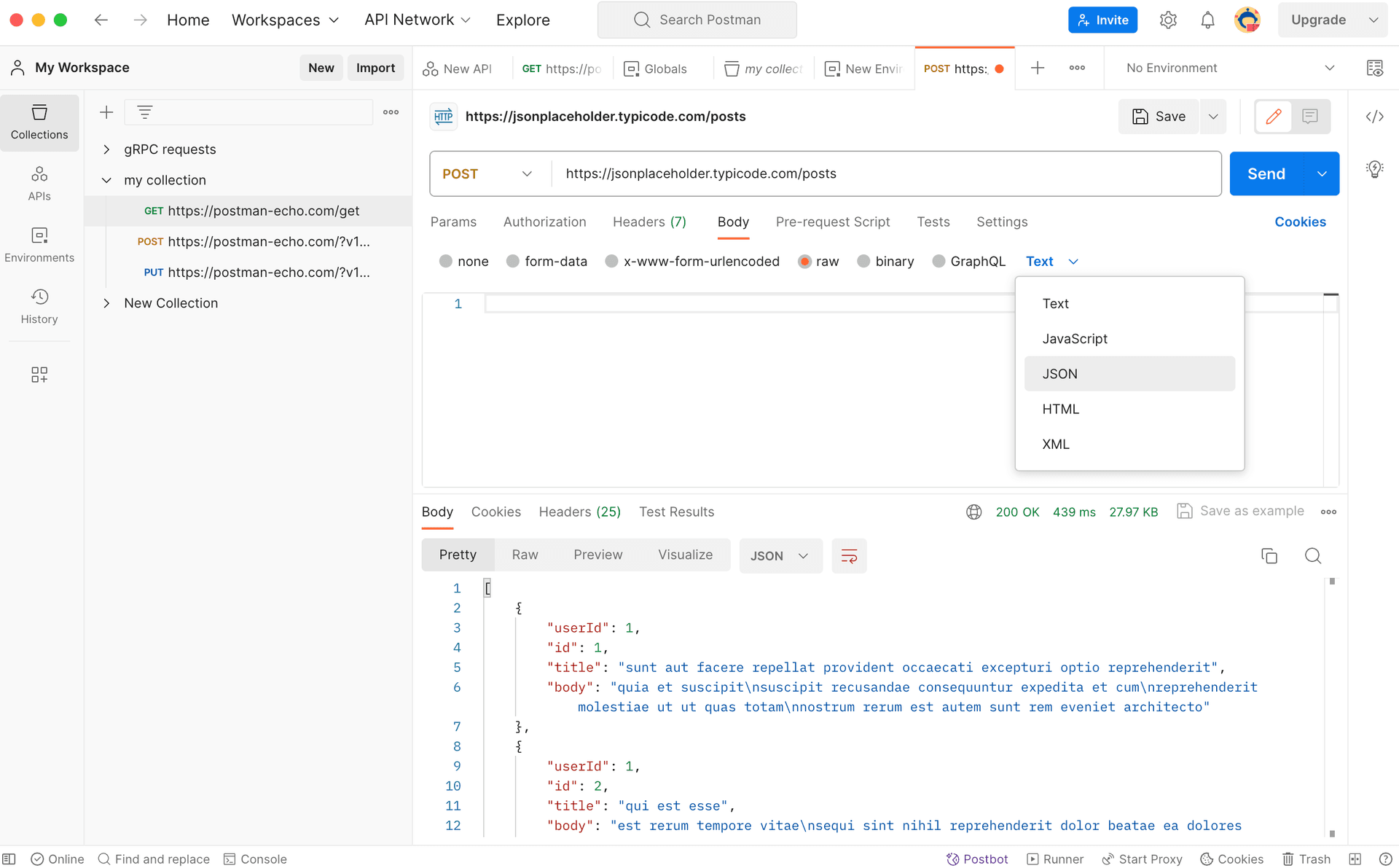 Postman API request interface with JSON response