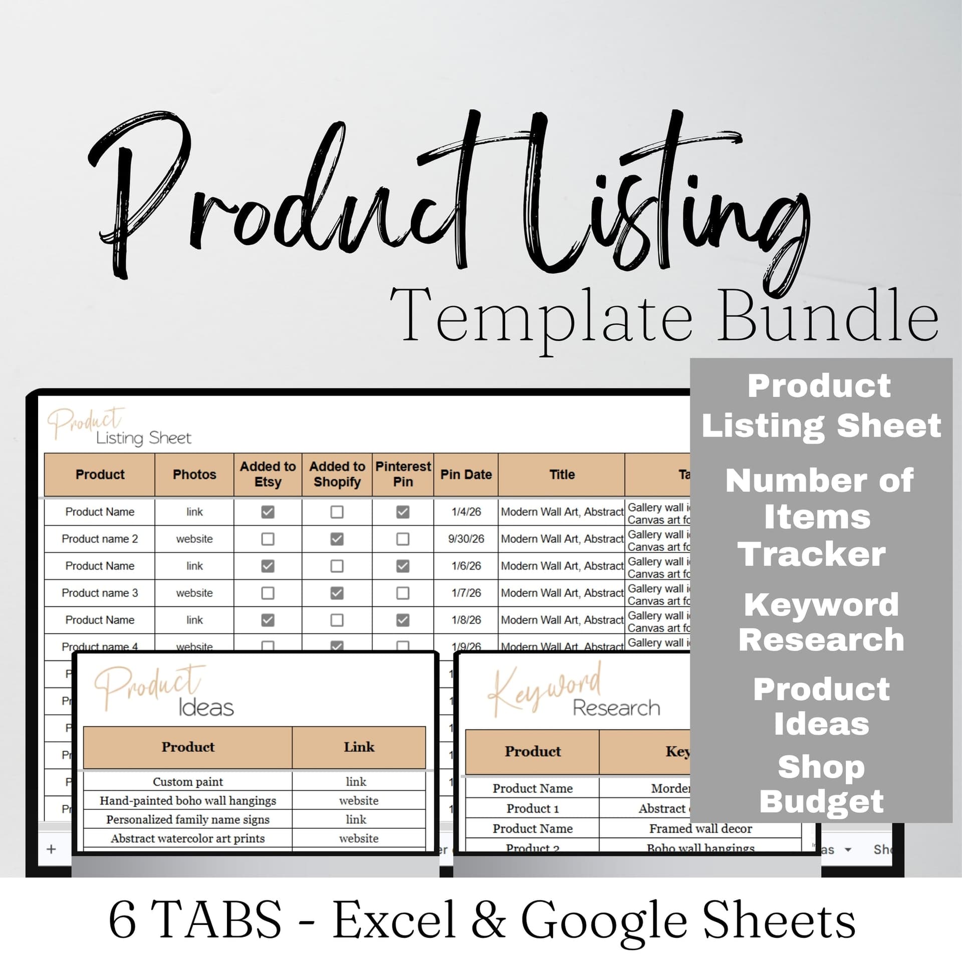 Etsy shop listings tab organized by product category