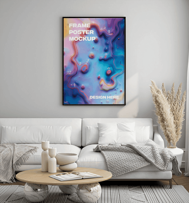 framed wall art print mockup in bright Scandinavian living room