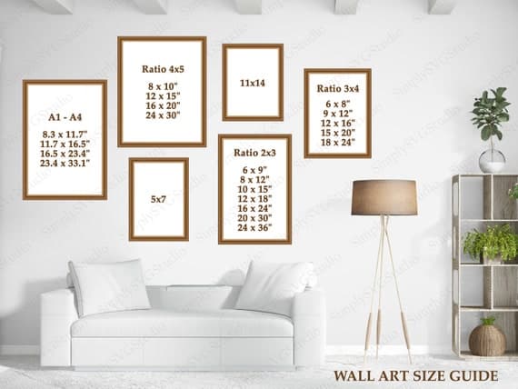 flat lay print art mockup different frame sizes on white wall