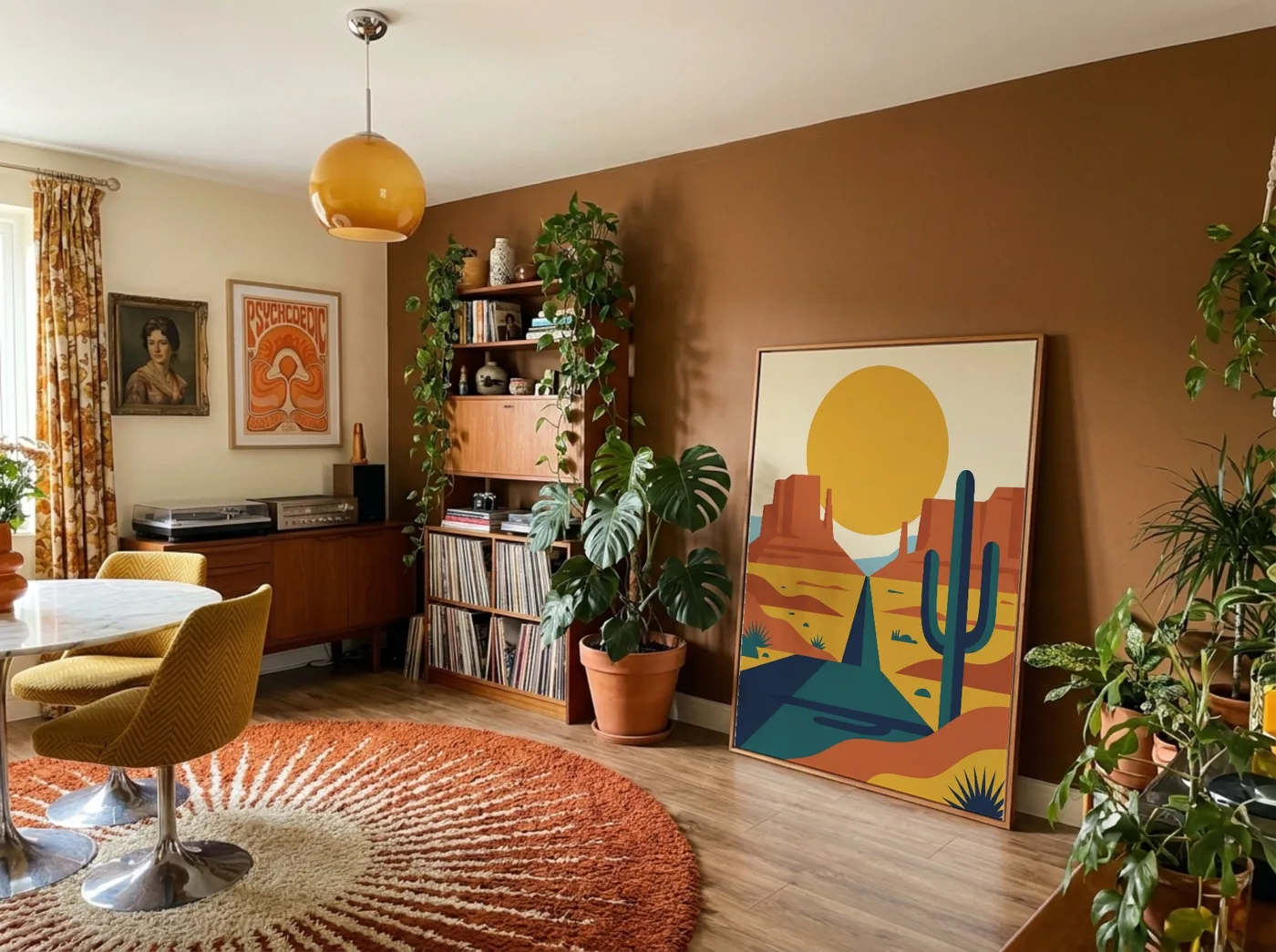 A 1970s living room generated from a prompt, with a desert print in its leaning frame