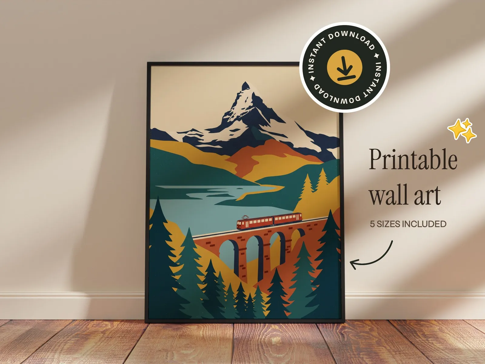 Alpine railway print in a saved template with the shop's text and sticker