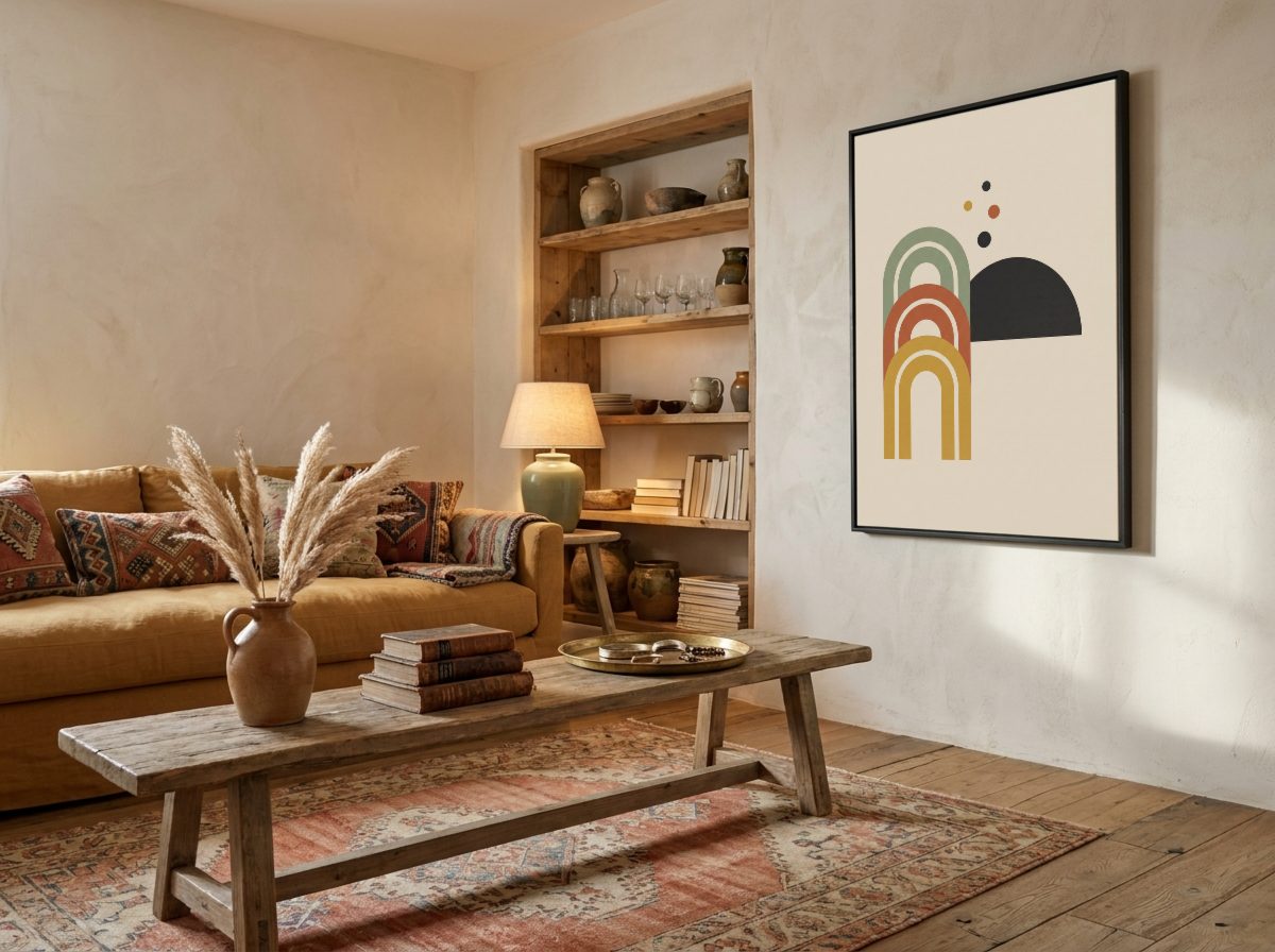 Boho Living Room Frame Mockup, on the wall, with a sample print