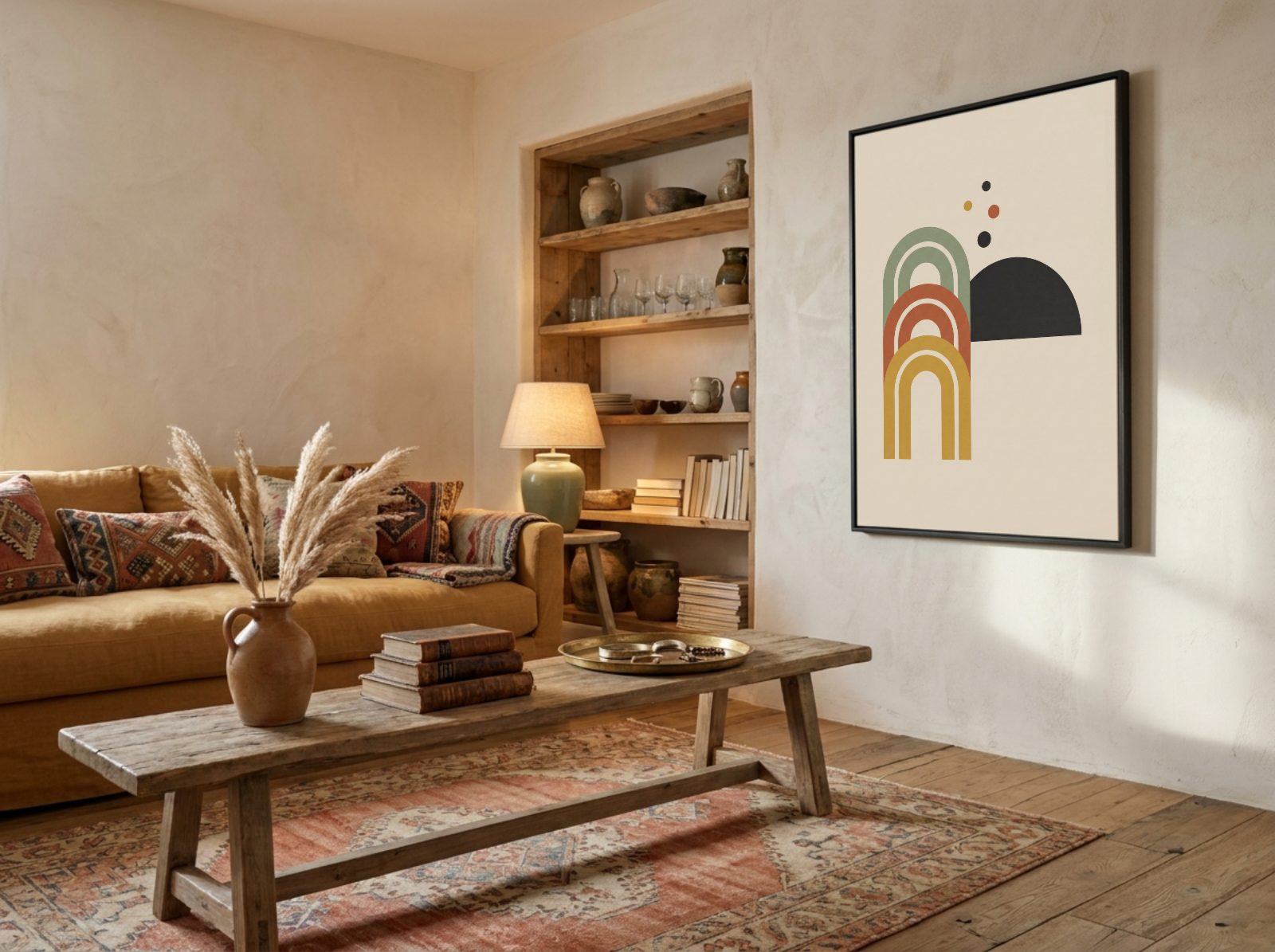 Boho Living Room Frame Mockup, on the wall, with a sample print in the frame