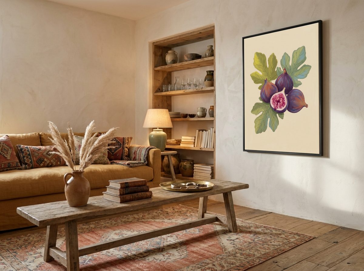 Boho Living Room Frame Mockup, on the wall, with a sample print