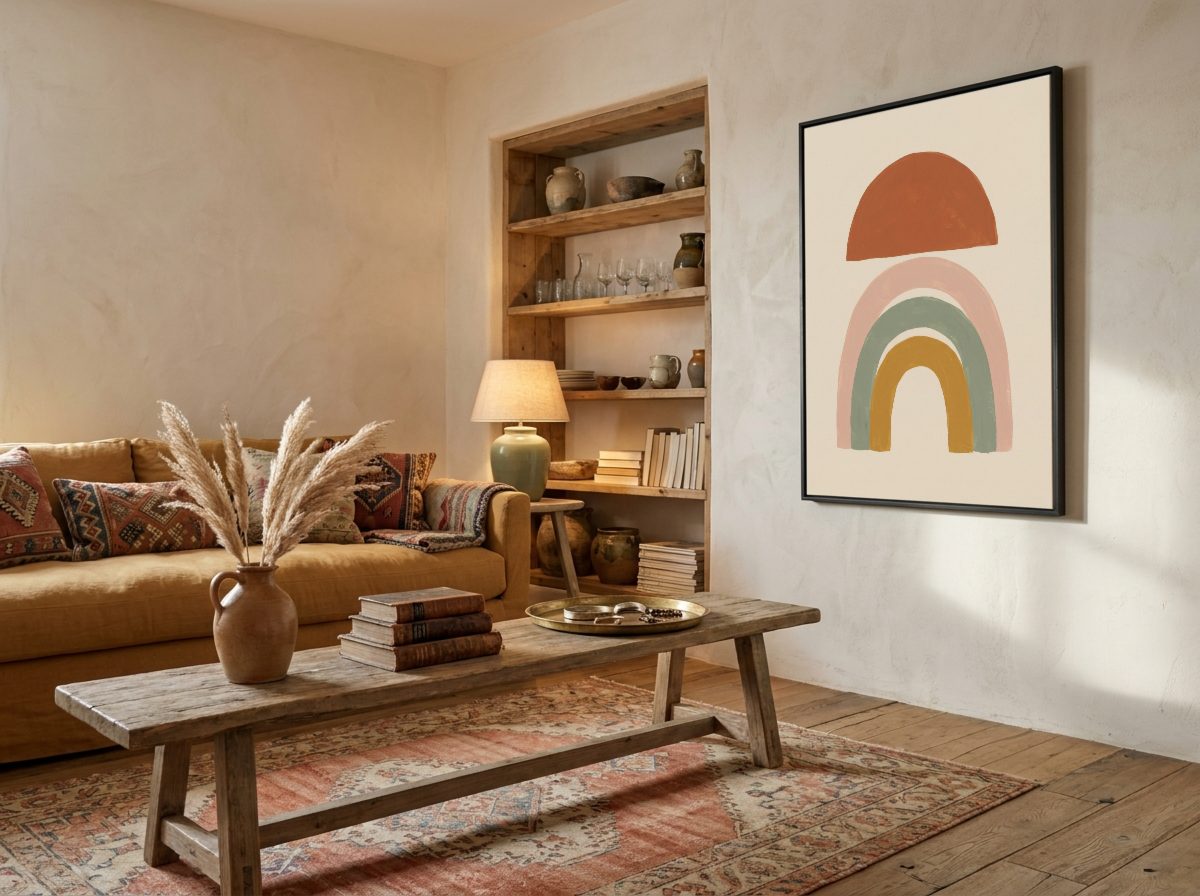 Boho Living Room Frame Mockup, on the wall, with a sample print
