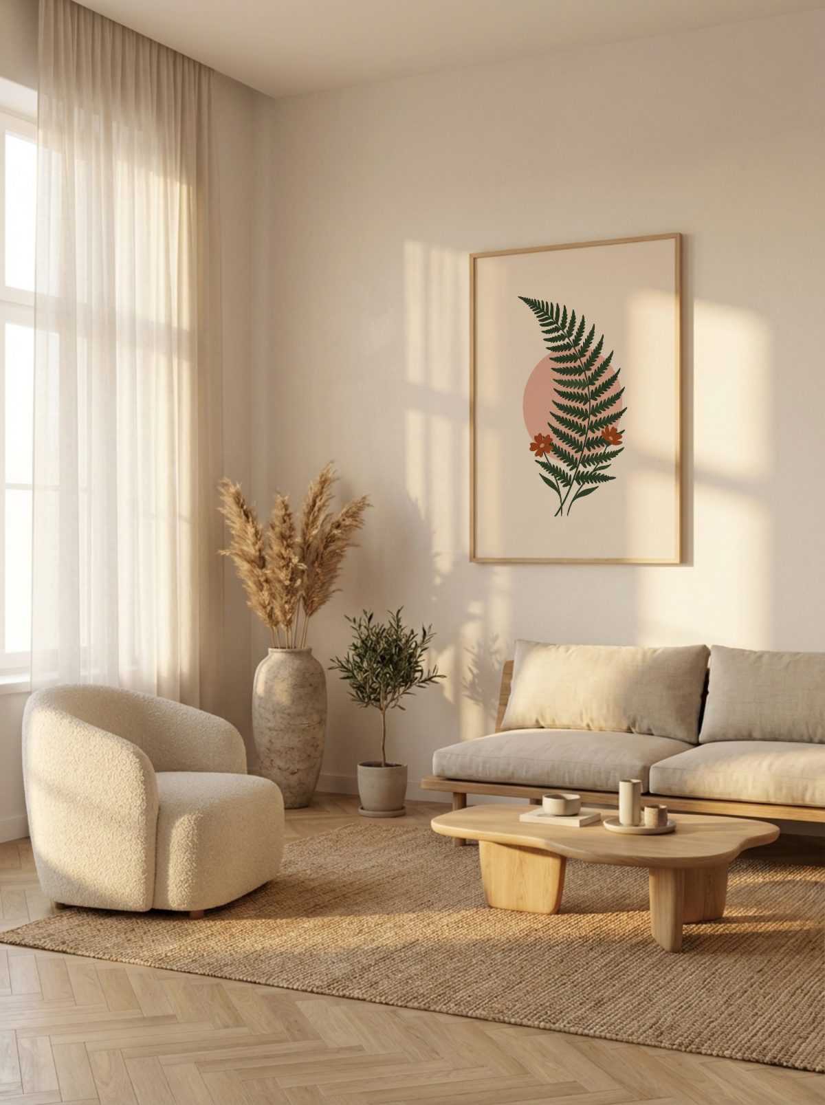 Japandi Living Room Frame Mockup, portrait frame, with a sample print