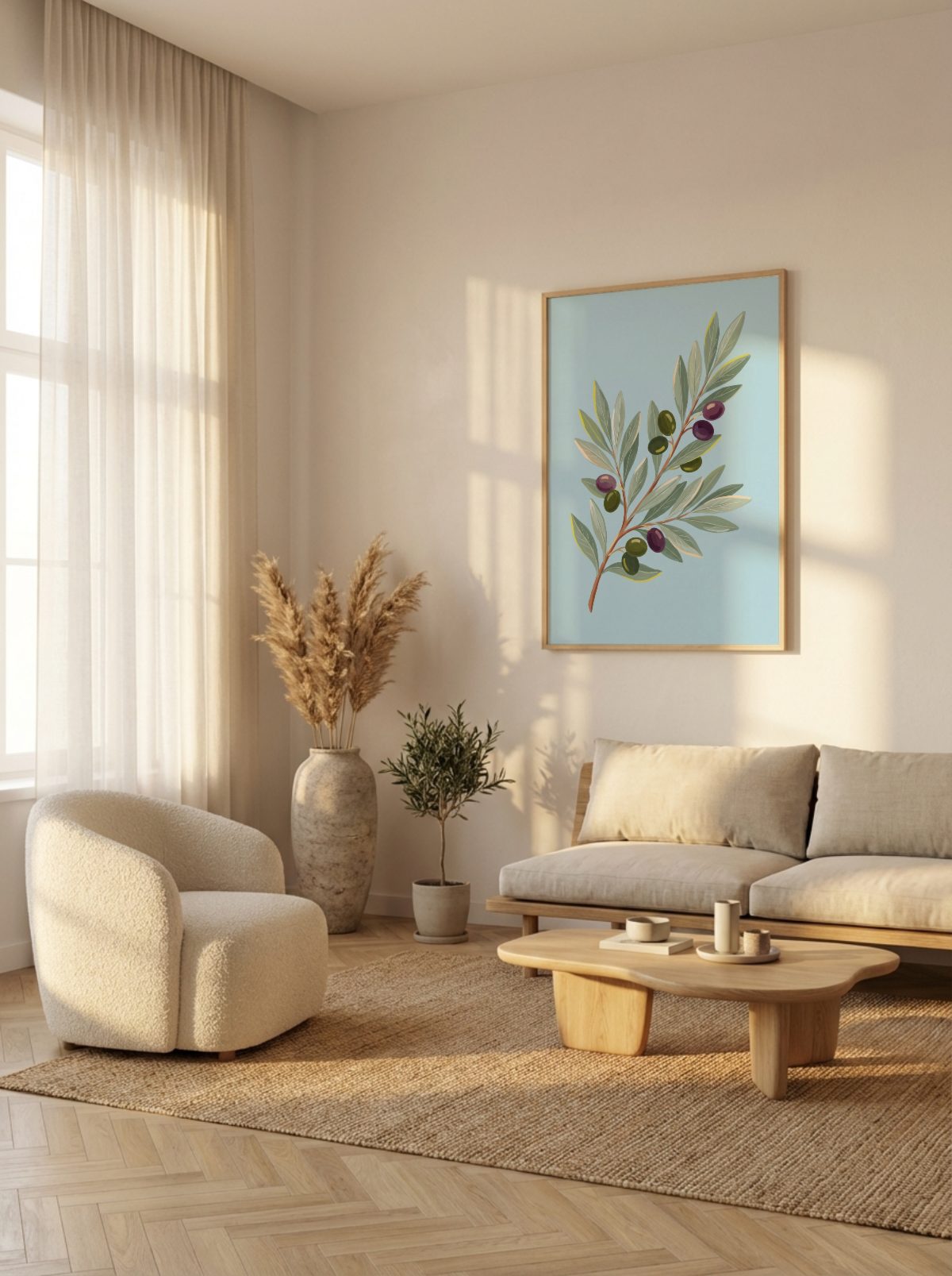 Japandi Living Room Frame Mockup, portrait frame, with a sample print