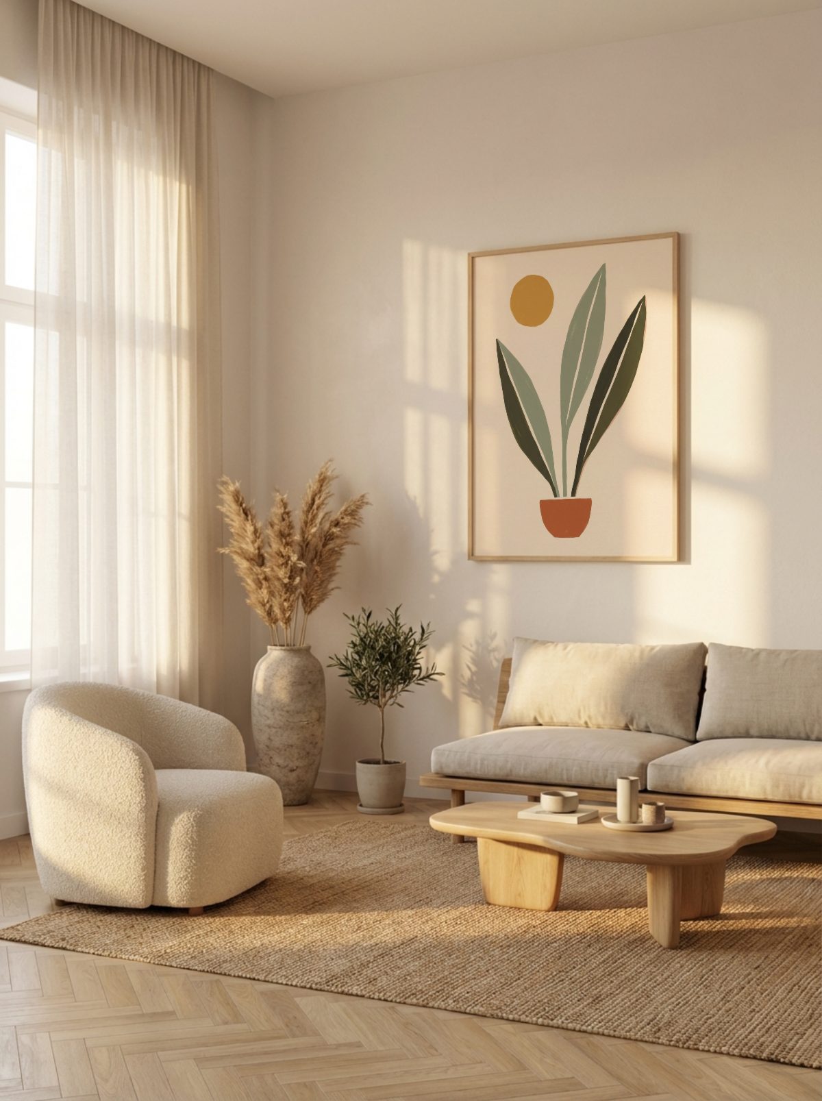 Japandi Living Room Frame Mockup, portrait frame, with a sample print