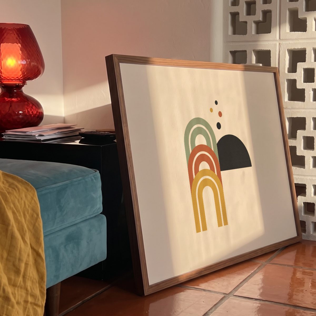 Terracotta Living Room Frame Mockup, close-up, with a sample print
