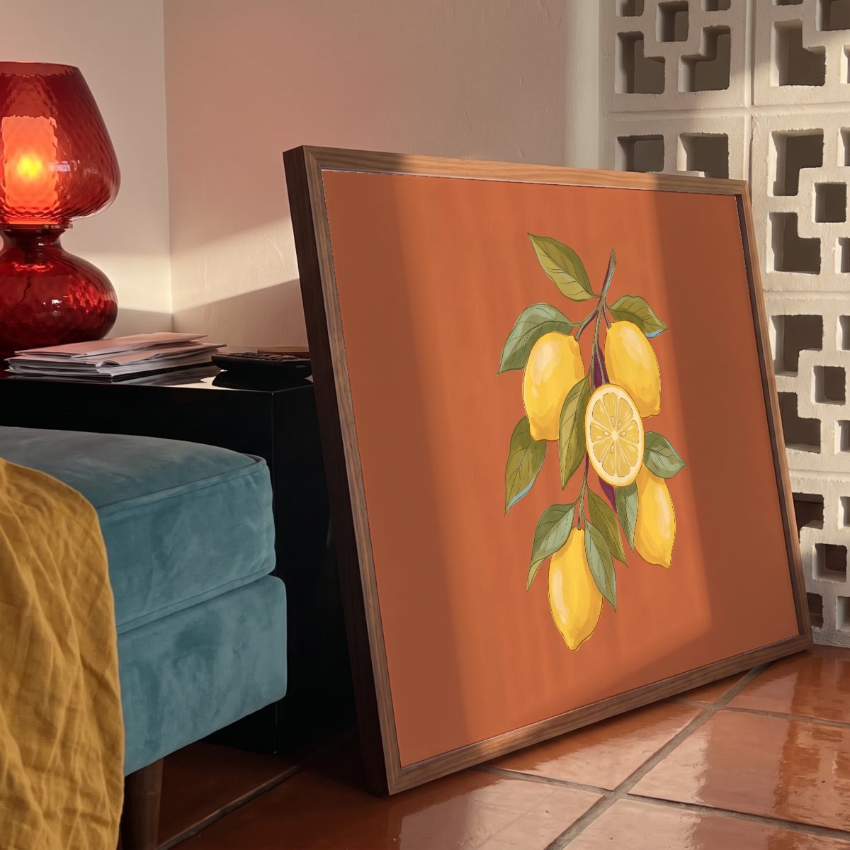 Terracotta Living Room Frame Mockup, close-up, with a sample print