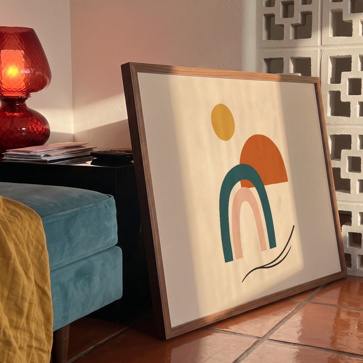 Terracotta Living Room Frame Mockup, close-up, with a sample print