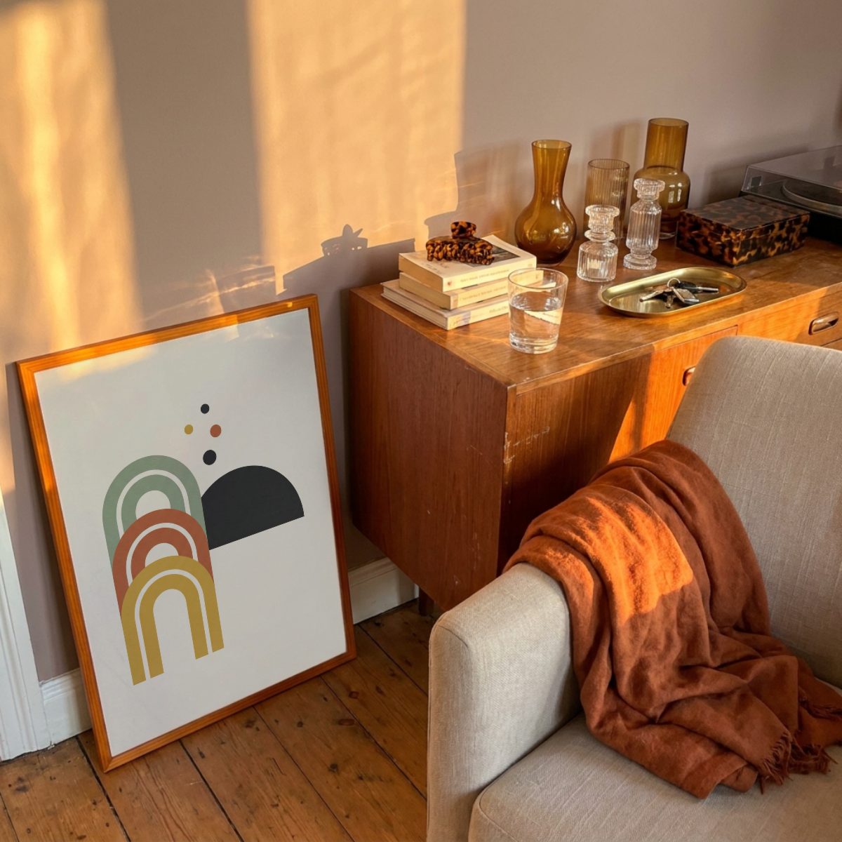 Mid-Century Living Room Frame Mockup, leaning, with a sample print