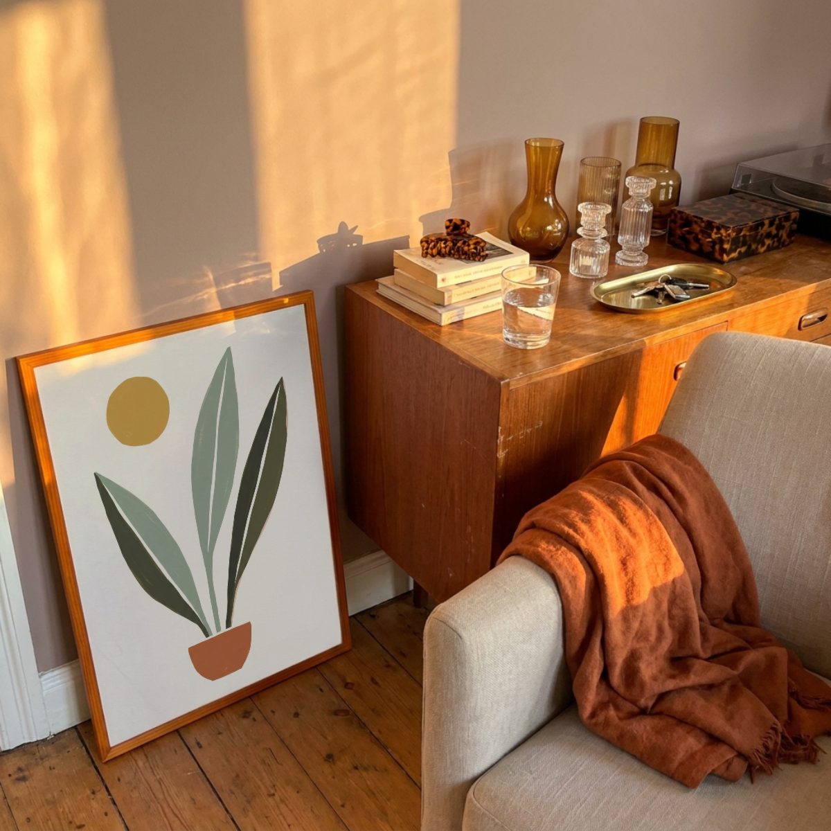 Mid-Century Living Room Frame Mockup, leaning, with a sample print