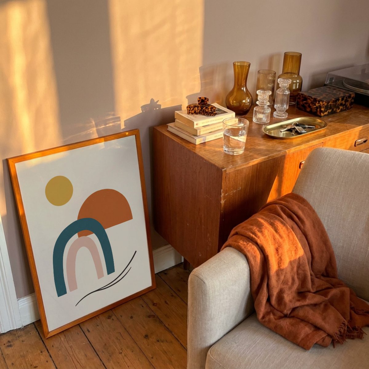 Mid-Century Living Room Frame Mockup, leaning, with a sample print