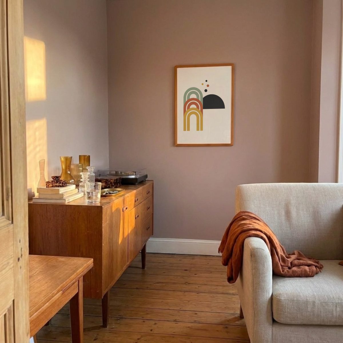 Mid-Century Living Room Frame Mockup, on the wall, with a sample print