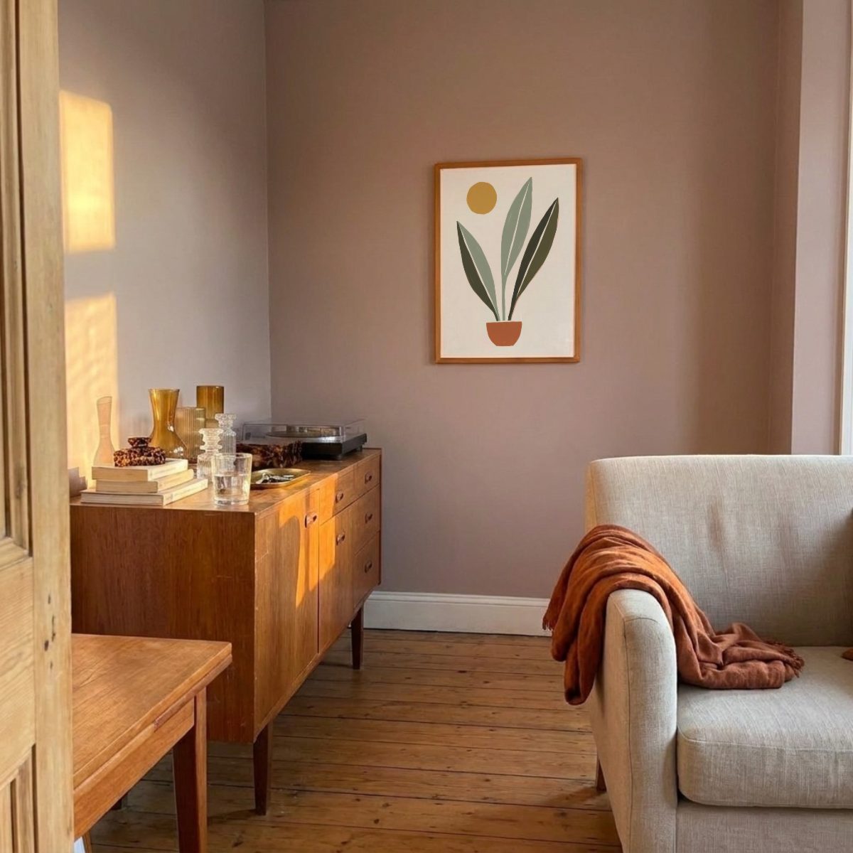 Mid-Century Living Room Frame Mockup, on the wall, with a sample print