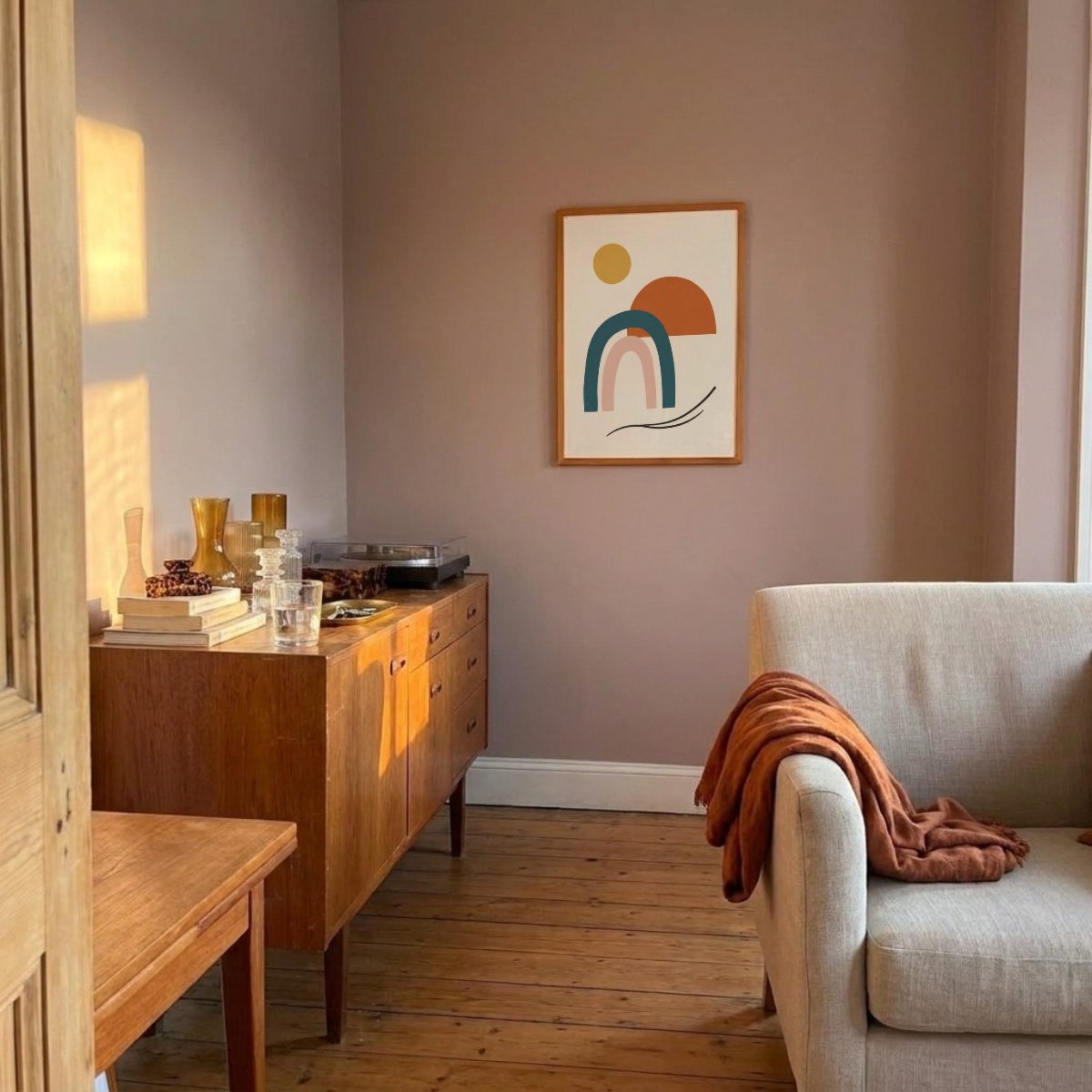 Mid-Century Living Room Frame Mockup, on the wall, with a sample print