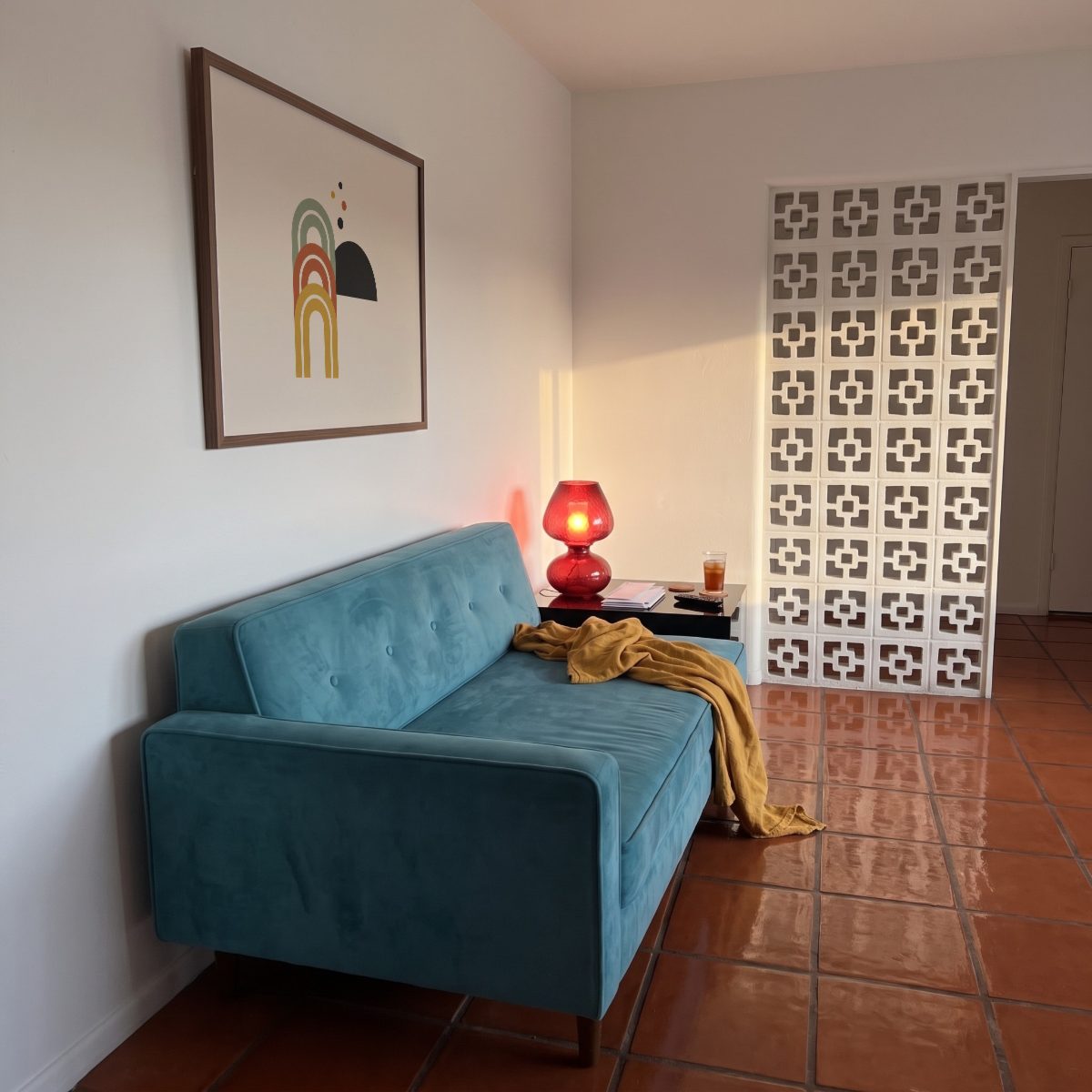 Terracotta Living Room Frame Mockup, on the wall, with a sample print