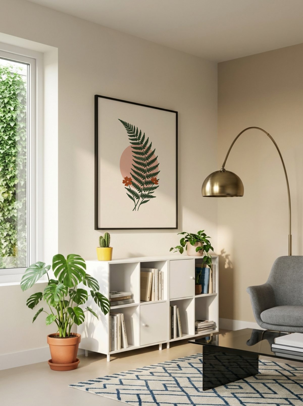 Scandinavian Living Room Frame Mockup, portrait frame, with a sample print