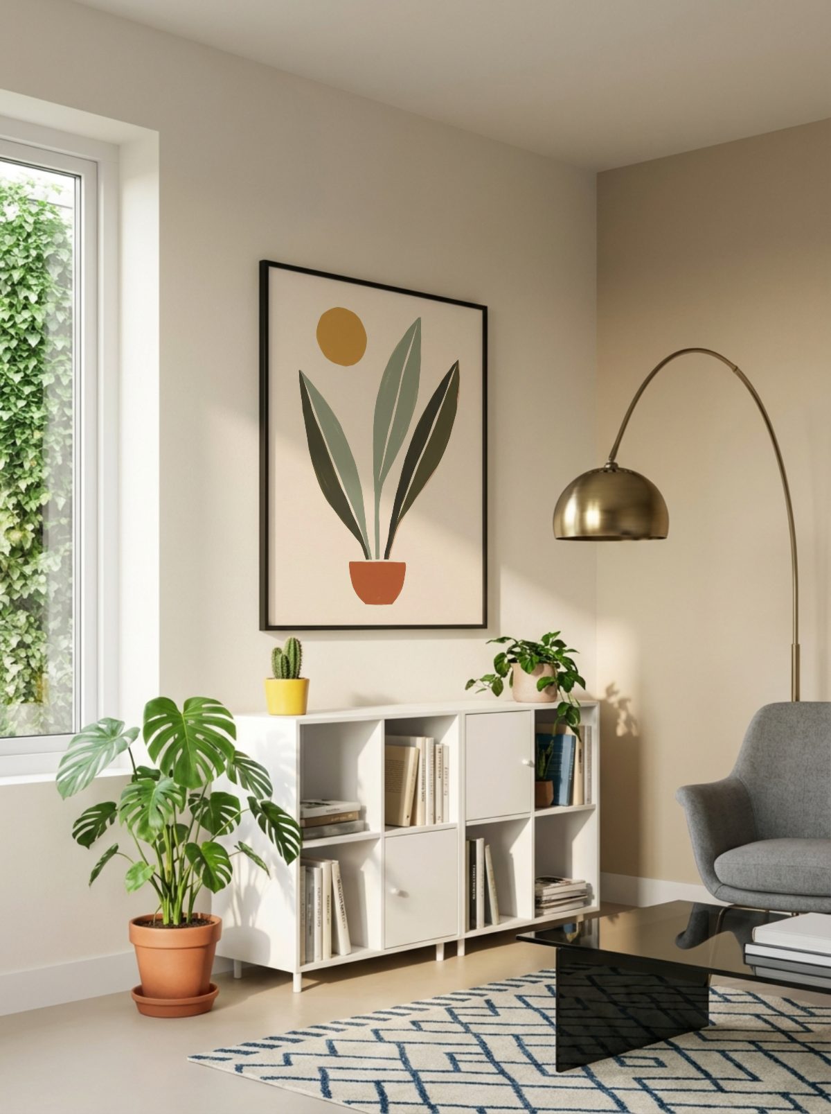 Scandinavian Living Room Frame Mockup, portrait frame, with a sample print