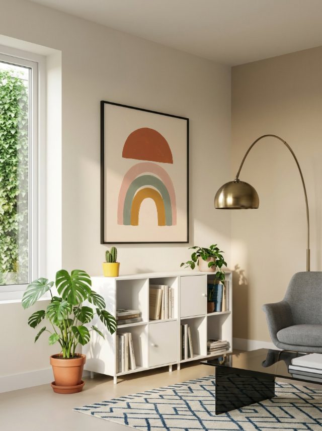 Scandinavian living room frame mockup with a sample print