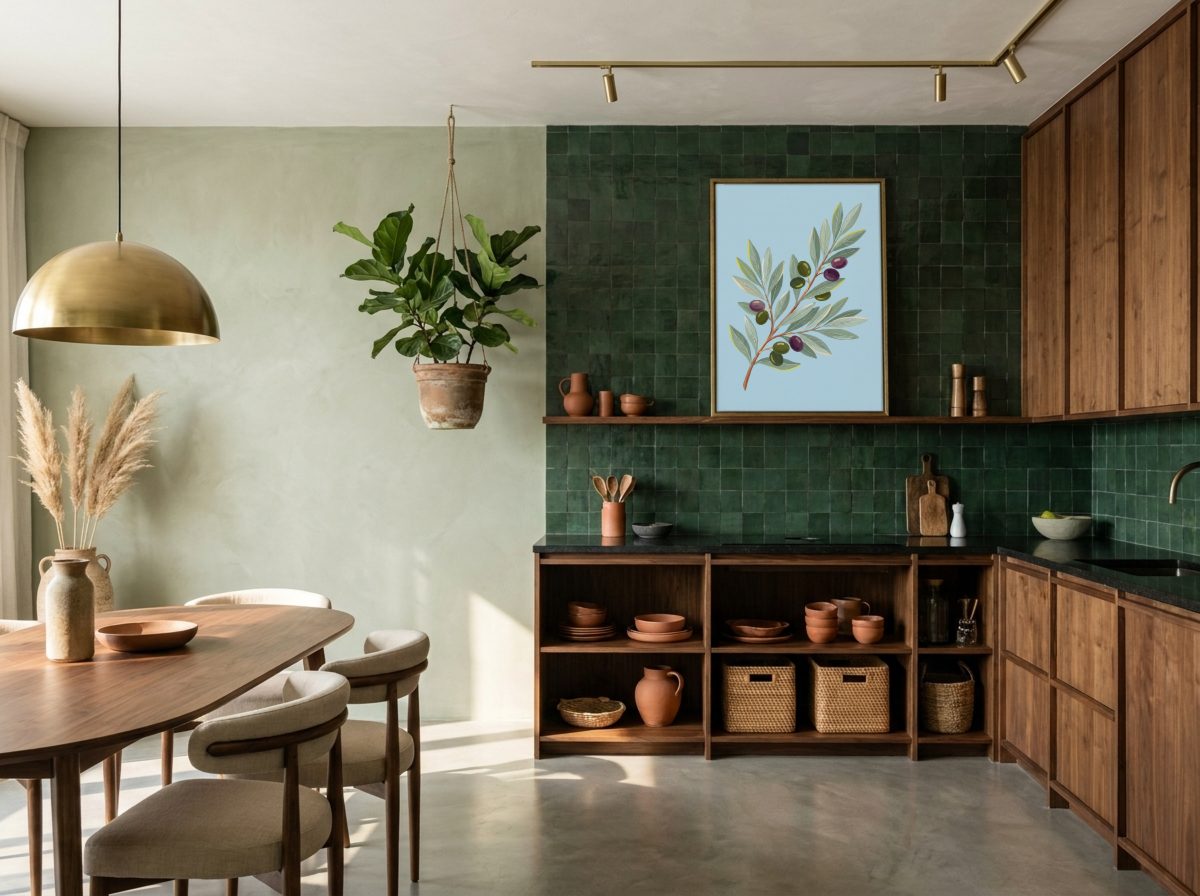 Japandi Kitchen Frame Mockup, above the counter, with a sample print