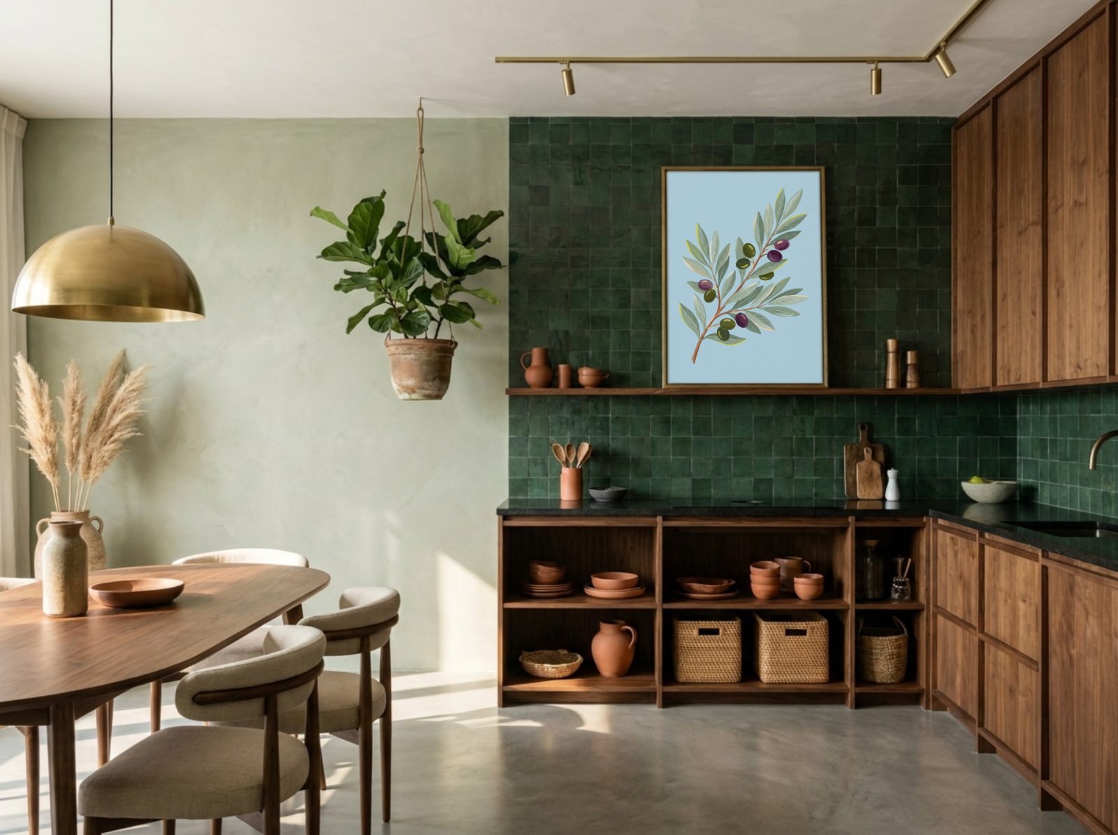 Japandi Kitchen Frame Mockup, above the counter, with a sample print in the frame