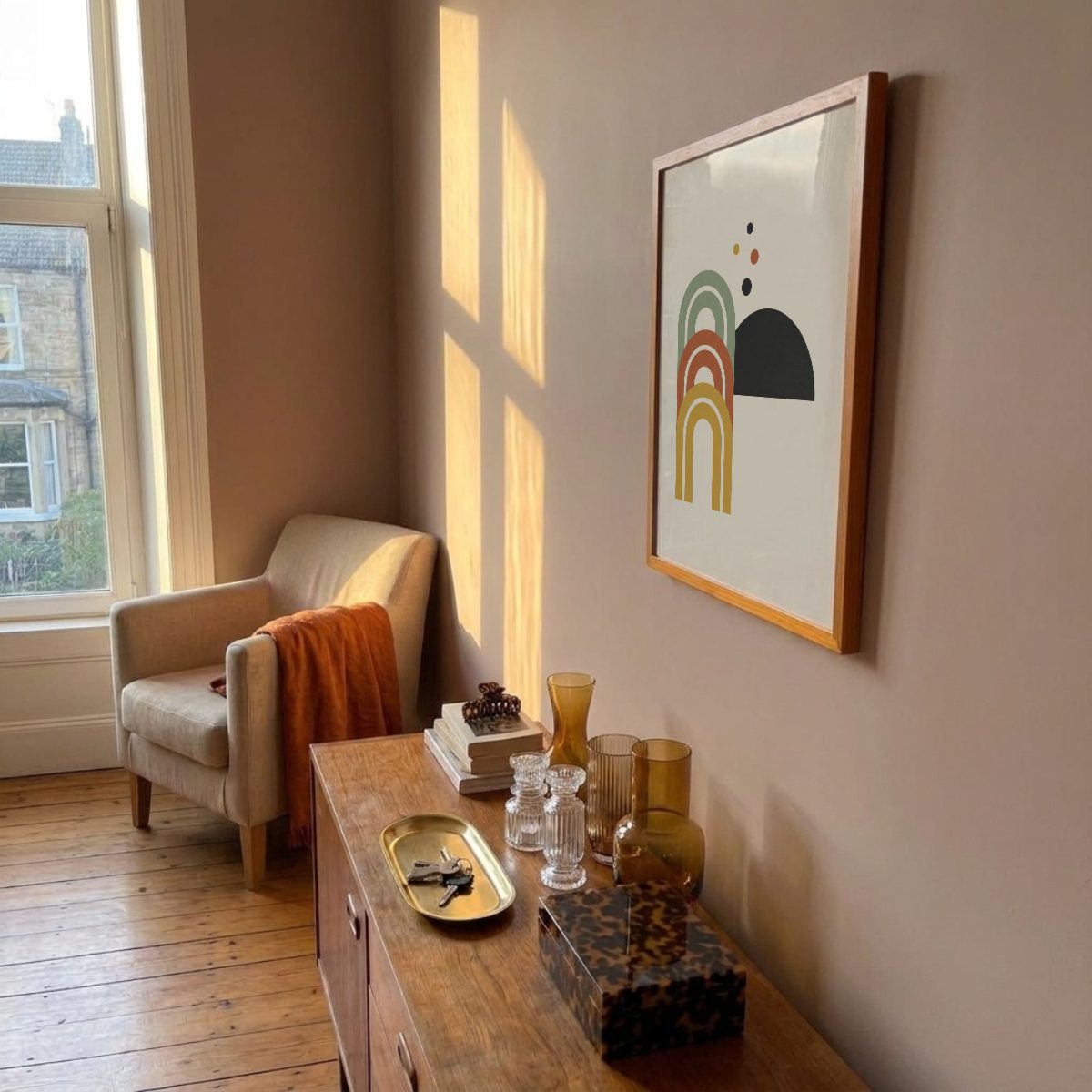 Mid-Century Living Room Frame Mockup, side angle, with a sample print
