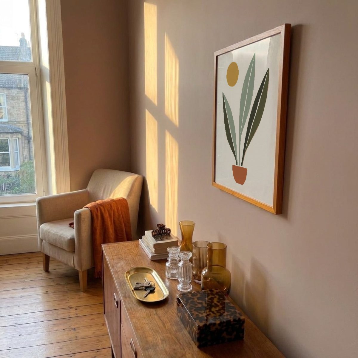 Mid-Century Living Room Frame Mockup, side angle, with a sample print