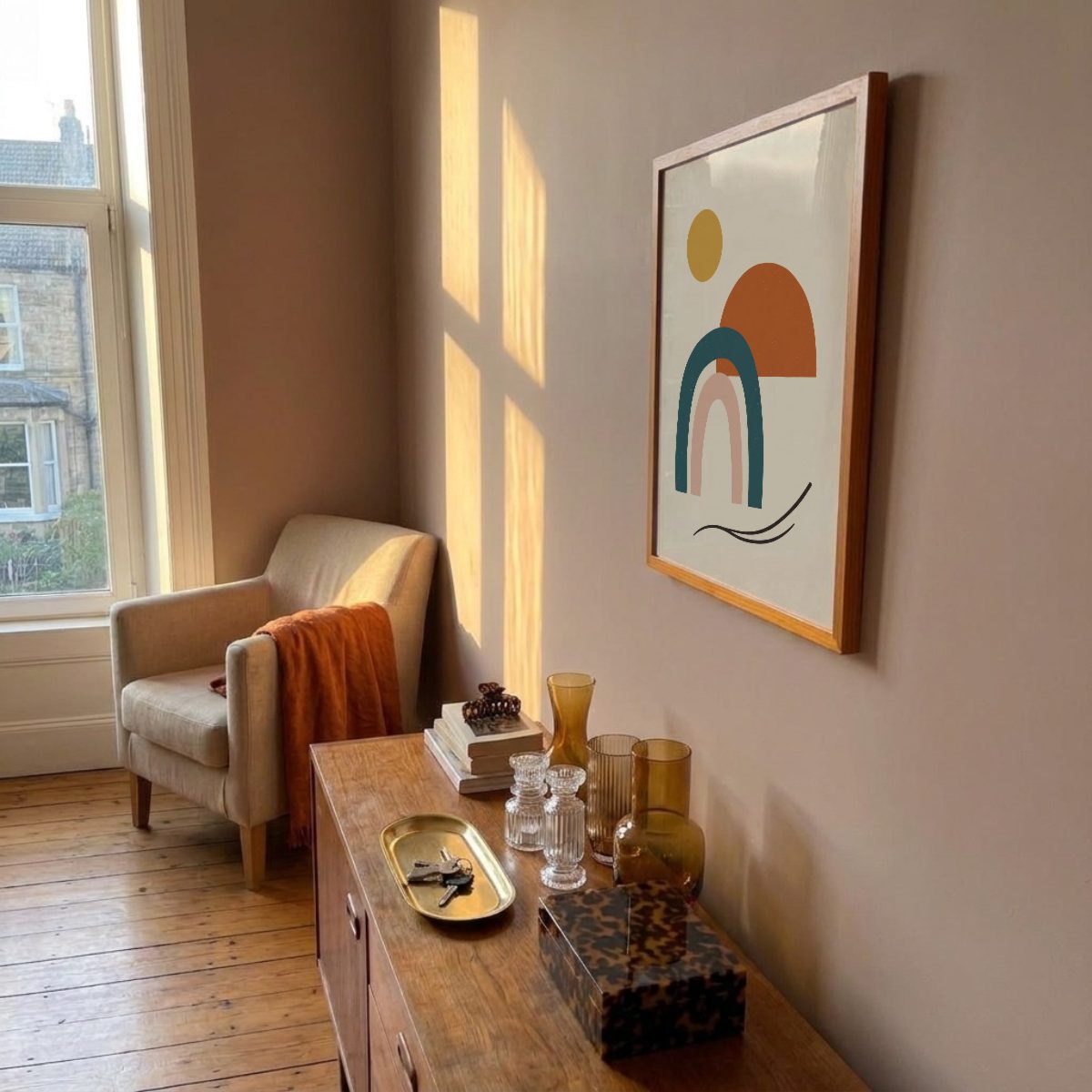 Mid-Century Living Room Frame Mockup, side angle, with a sample print