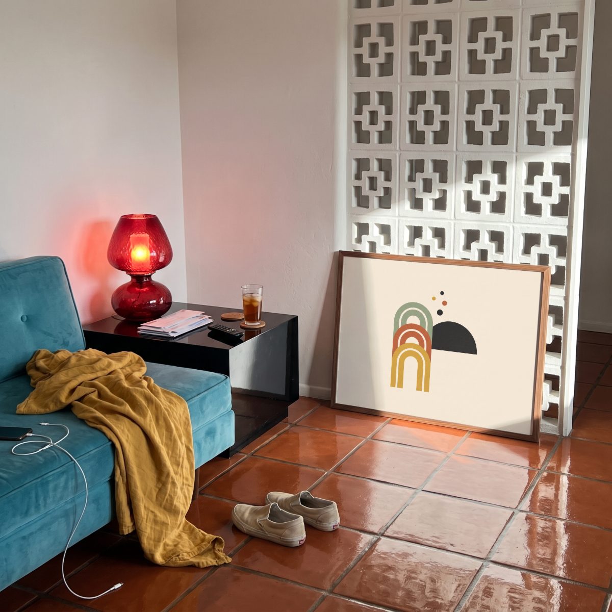 Terracotta Living Room Frame Mockup, leaning, with a sample print