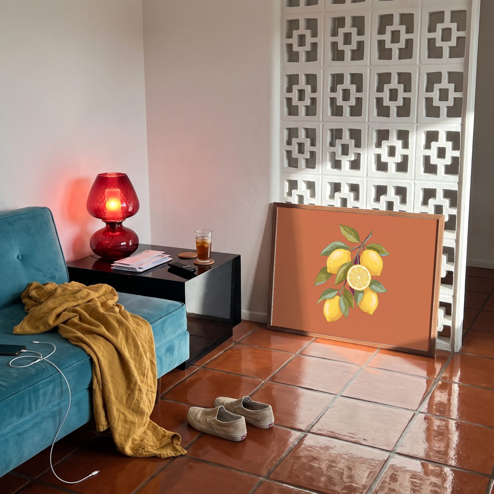 Terracotta Living Room Frame Mockup, leaning, with a sample print in the frame