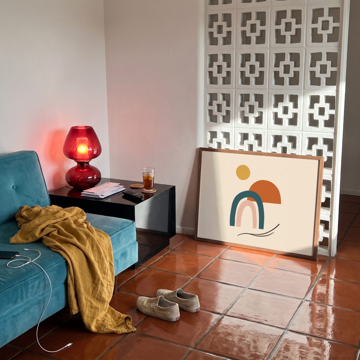 Terracotta Living Room Frame Mockup, leaning, with a sample print
